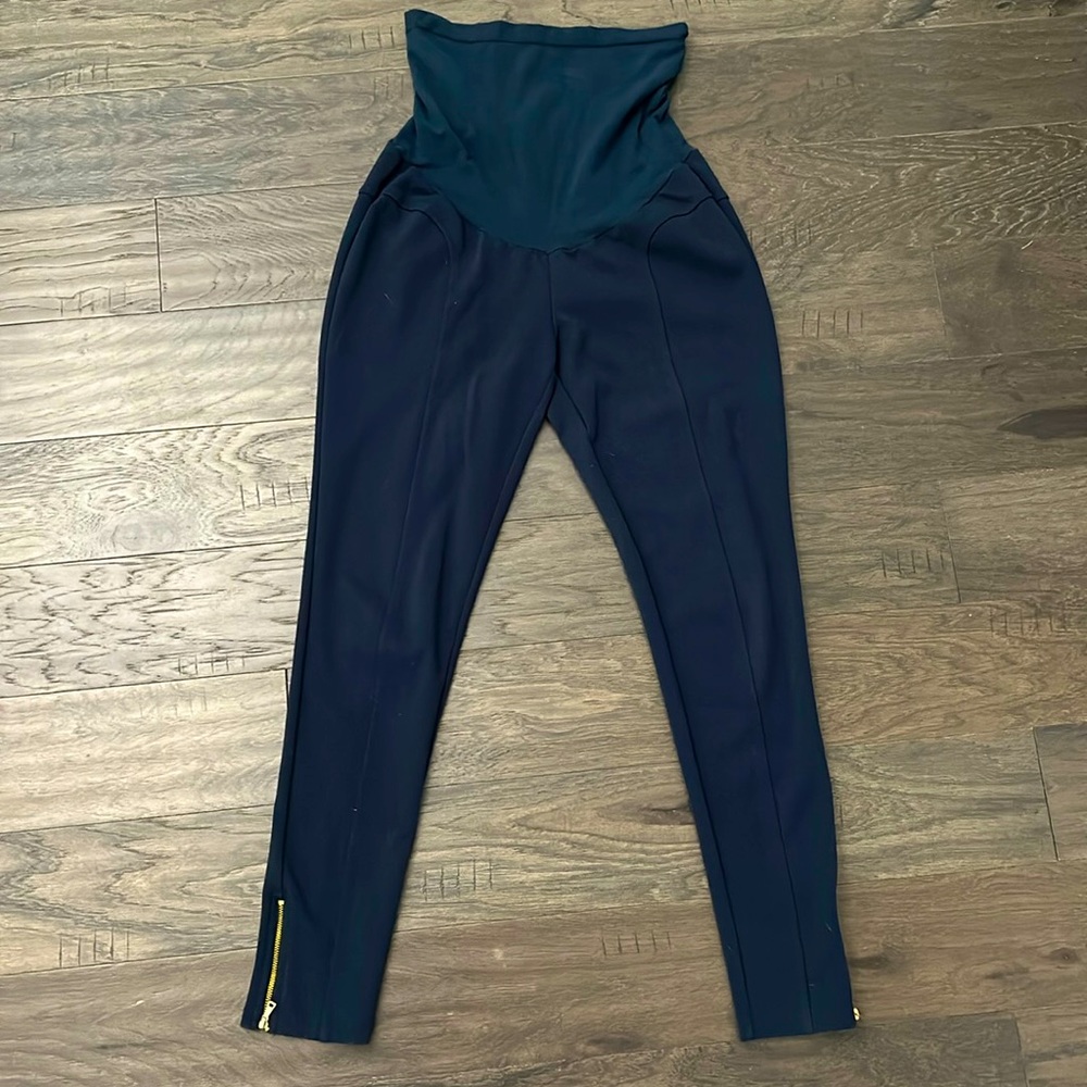 Maternity pants. Navy with gold ankle zippers.